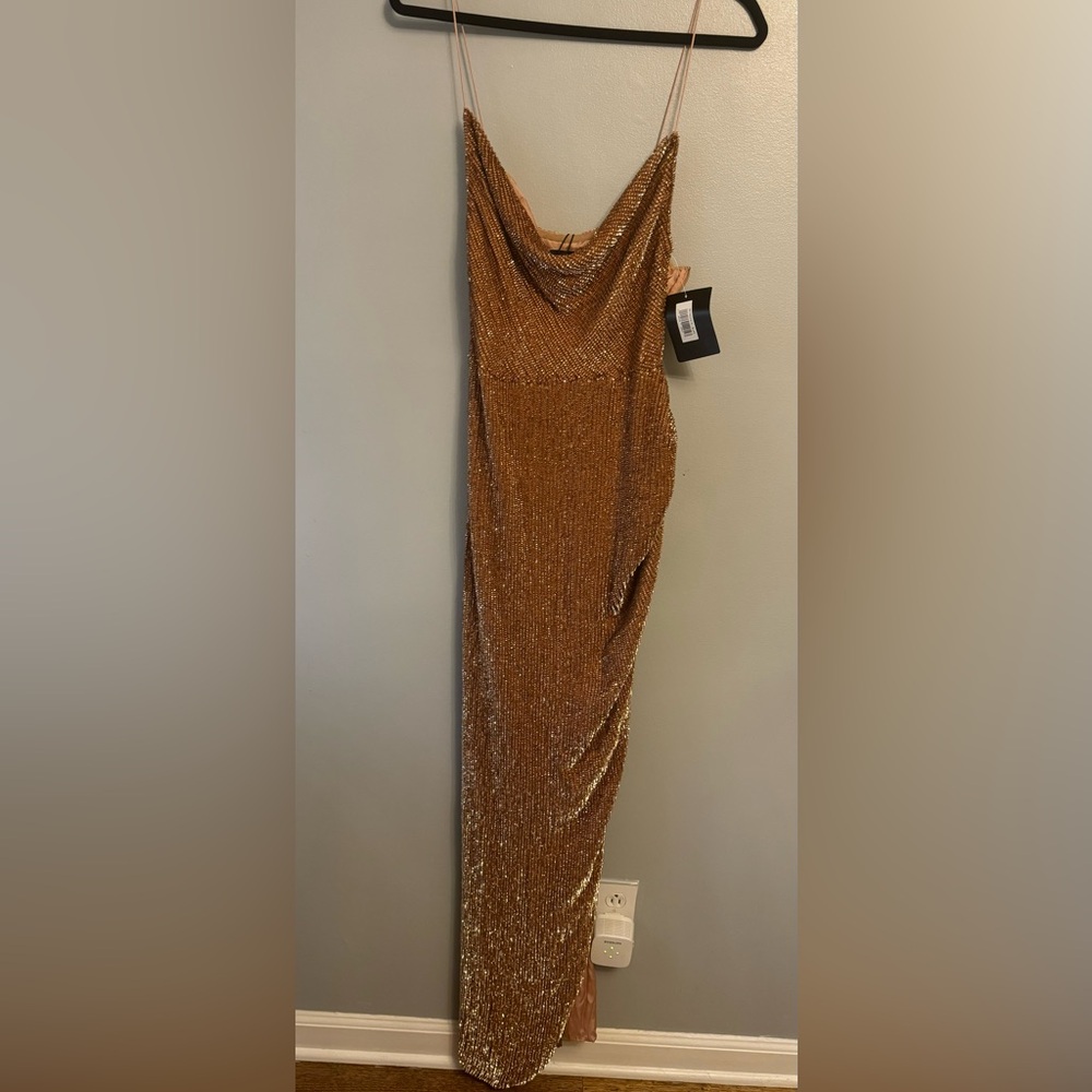 Retrofete bronze sequined Maxi Dress w/side slit M NWT - Picture 5 of 8